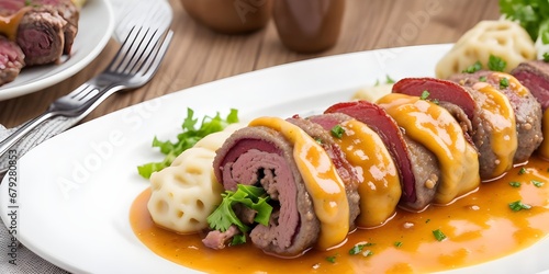 Rouladen is a German main dish, pickles and bacon wrapped in thin slices of beef, or veal, served with gravy, dumplings, mashed potatoes, and cabbage