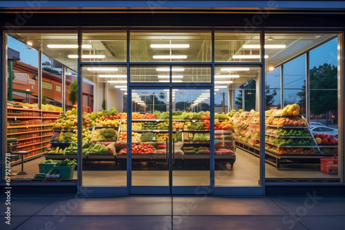 Modern grocery storefront, vibrant produce display, city street view.
