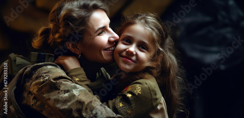 A Heartwarming Moment Captures the Affectionate Reunion Between a Military Mother and Her Daughter. A military Mom with her daughter hugging each other