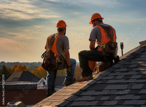 Two construction workers on a roof at sunset, silhouetted against an orange sky, with a residential neighborhood in the background.