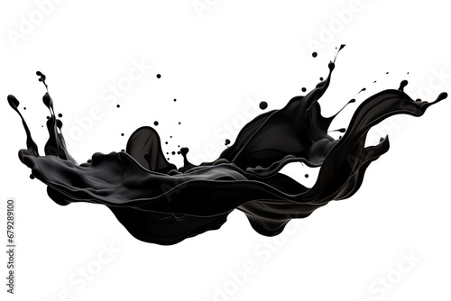 Abstract black ink liquid splashing, drops, brush strokes, stain grunge isolated on transparent png background, Japanese style of smear splatter acrylic paint.