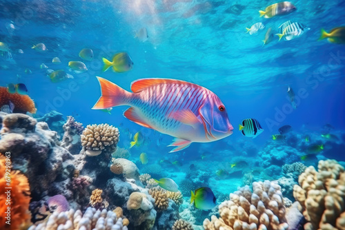 Underwater with colorful sea life fishes and plant at seabed background, Colorful Coral reef landscape in the deep of ocean. Marine life concept, Underwater world scene.