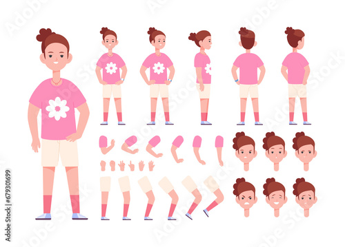 Girl custom animation. Animated kid character poses, heads avatar hairstyles, set little anime child view front and back face constructor body creation sided wear, splendid png