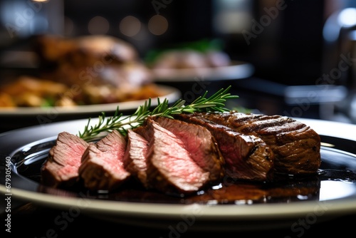 A rare and juicy beef steak with rosemary, grilled to perfection, served on a wooden board.