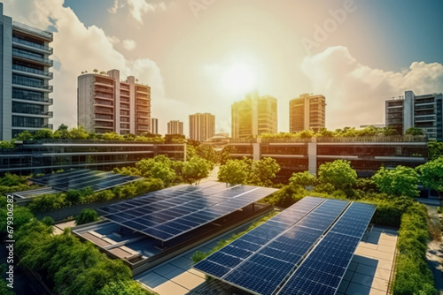 eco-friendly cityscape with solar panels on the rooftops of modern buildings under a bright sun.
