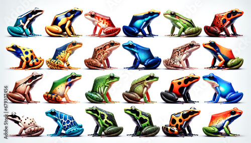 Illustration Multicolored poisonous tropical frogs. Set of different aligned frogs. illustration of colorful poisonous frogs on a white background. Generative Ai.