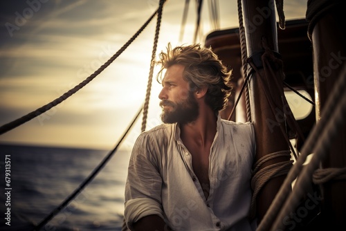 tanned sailor looking to the horizon at sea