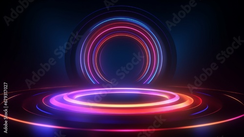 Abstract neon background with multicolored glowing rings on dark background. Empty glowing techno backdrop. Luminous swirling. Floor reflection. Frame, circle, ring shape, empty space. 3D illustration