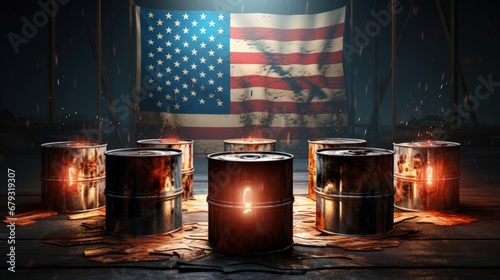 3d illustration - Oil barrels with bitcoin coins with oil wells, flaring texas flag burning natural gas in background - Instead of burning natural gas US senator wants it be used to mine bitcoins