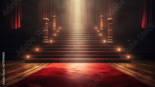 Illuminated pedestal with red carpet in wooden interior. Leadership and win concept. 3D Rendering