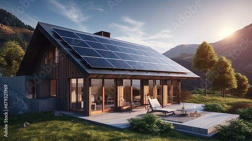 Solar panels in front of house. Technologies for obtaining solar energy. Lawn to sun power plant. Eco-friendly hotel with solar panels. Regenerative electricity. Mountains and forest behind house