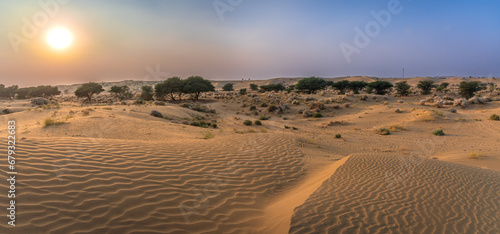 View during sunrise at great thar desert in Jaisalmer, Rajasthan, India.