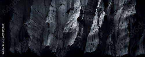 black and white photo of rugged cliffs with deep shadows and highlights, creating a dramatic and textured natural rock formation