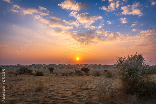 View during sunrise at great thar desert in Jaisalmer, Rajasthan, India.