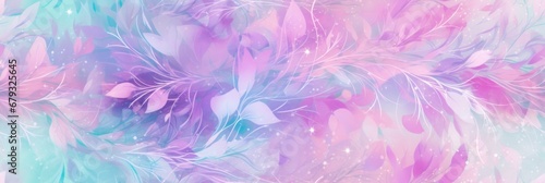 A painting of flowers and leaves on a pink and blue background.