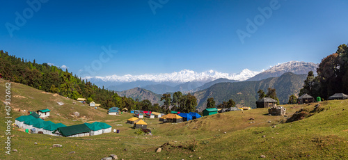 View from Chopta camping location which is base for Tungnath chadrashila trek in Uttarakhand, India. This trek is popular for stunning views of himalayas mountains from chandrashila summit.