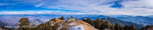 Beautiful panoramic landscape of Himalayan snow mountains from Hatu peak in Narkanda, Shimla district of Himachal Pradesh located amidst Himalayas of India.