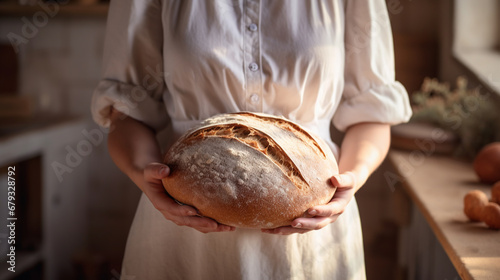 A woman holds freshly baked sourdough bread in her hands in the kitchen. ai generative