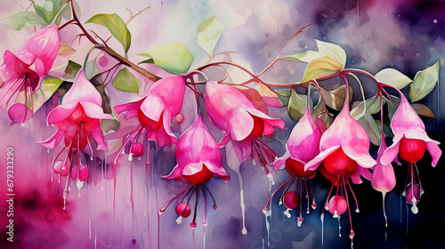 Watercolor illustration of pink fuchsia flowers on watercolor background