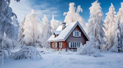 Winter cottage in beautiful snow forest, nature landscape
