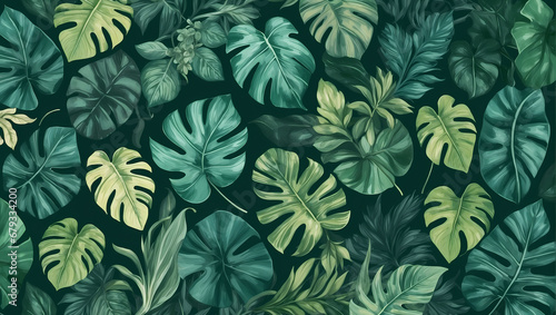 Tropical leaves background of dark green tropical leaves, banner with green floral pattern 