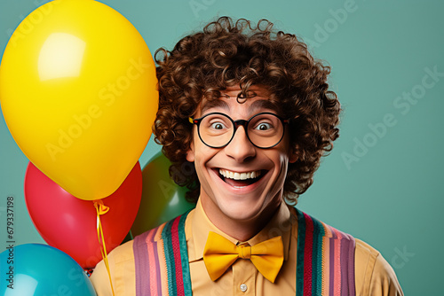 Homme souriant ridicule avec des lunettes et des ballons