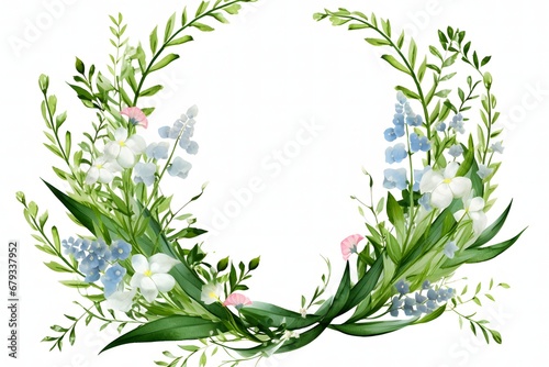 Watercolor lily of the valley, wild flowers and ferns wreath.