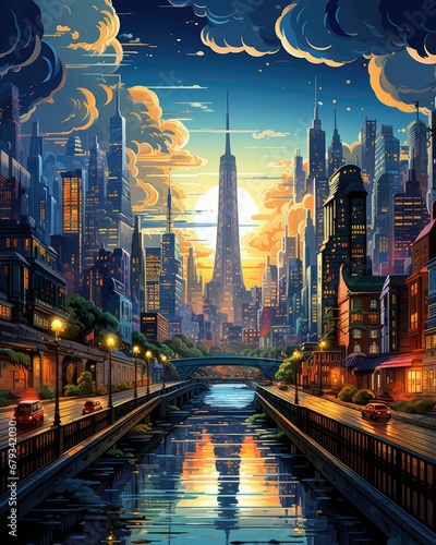 Urban Jungle: A Vibrant Cartoon Landscape of Skyscrapers and City Life