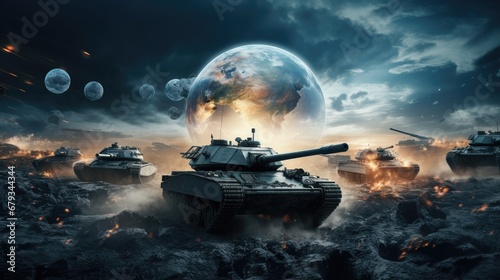 tanks encircling Earth, a futuristic warfare illustration
