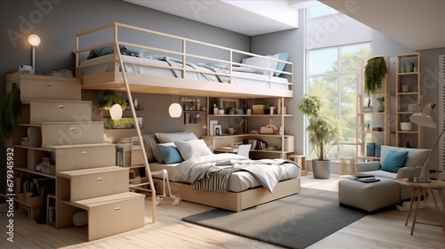 a teenager's bedroom with a loft bed and smart storage solutions to maximize space