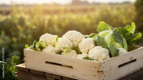 organic cauliflower in wooden box