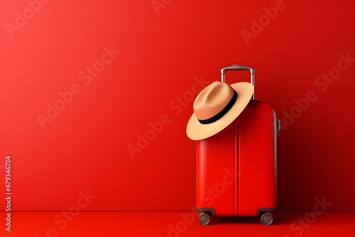 red colorful travel bag with straw hat and sunglasses isolated on red.