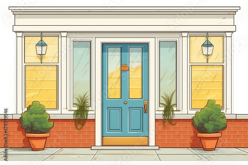 front door detail of a colonial house with transom window, magazine style illustration