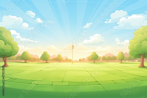 a golf course green freshly mowed with the sunrise in the background