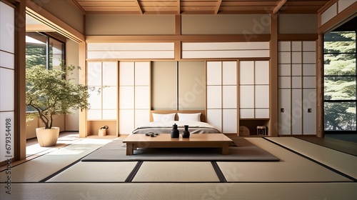 minimalist bedroom with a tatami mat floor and hidden storage in traditional cabinets