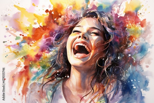 a woman laughing with colorful splashes