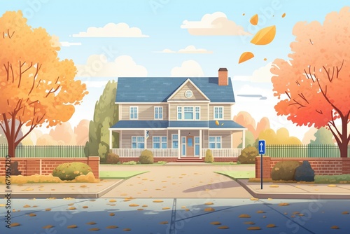 dutch colonial house with a long, gravel driveway, magazine style illustration