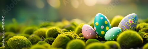 bunte farbige Eier Ostern Ostereier weich gebettet in Moos und grünem Gras als Vorlage und Hintergründe und Banner vor einem unscharfen Hintergrund aus Garten in goldener Stunde