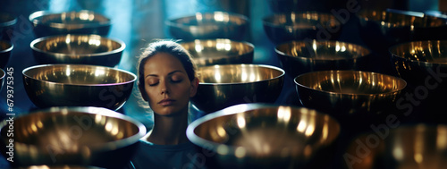 Harmonic Bliss: A woman immersed in the soothing sounds of singing bowls, experiencing a symphony of relaxation that brings mental tranquility