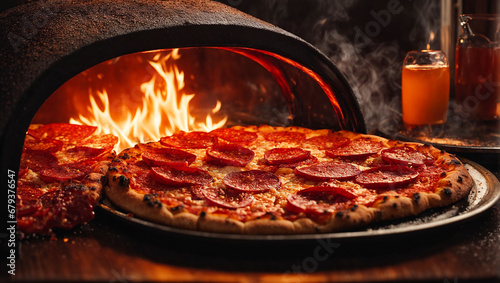 Appetizing pepperoni pizza, fire