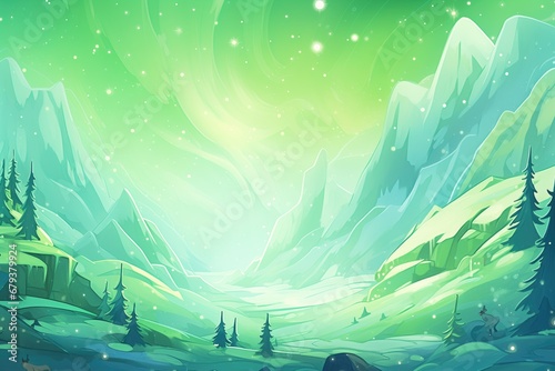 green aurora borealis lighting snowy mountains