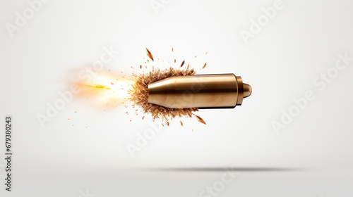 Bullet in slow motion, leaving trail of fire, smoke and debris behind it. Exploding projectile. A rifle round in mid-flight. On light background. Flying bullet Close up. Dramatic and dynamic.