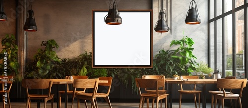 Stylish restaurant or cafe interior with mock up poster frames in the wall. AI generated