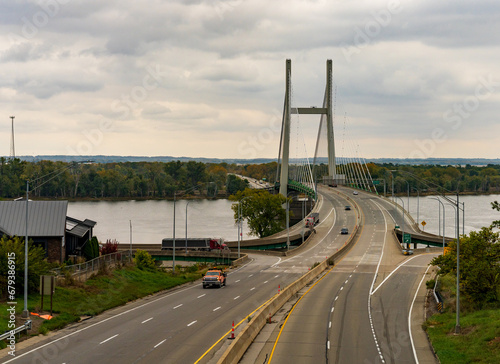 View down the road over the Great River Bridge across Mississippi between Burlington Iowa and Illinois