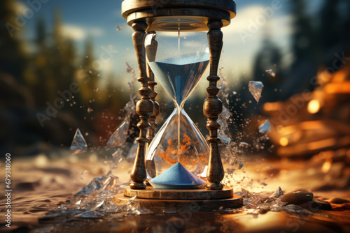 A shattered hourglass with sand suspended in mid-air, capturing the frozen moment between the passage of time. Concept of temporal suspension. Generative Ai.