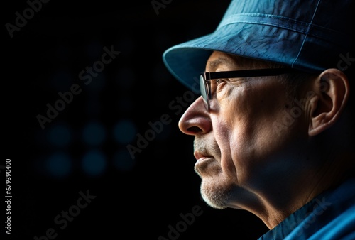 a bald man with blue glasses and cap stares at something in front of him japanese traditional close-up shots are backlit