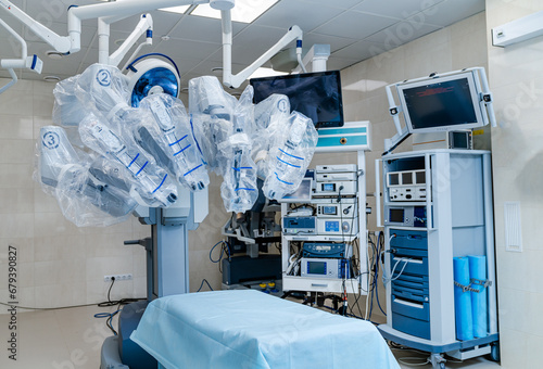 Surgery robot da vinci. Endoscopy hospital robot arm.
