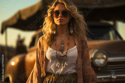 A bohemian vintage woman in a maxi skirt and a fringe vest, embracing the counterculture of the 1960s. Generative Ai.