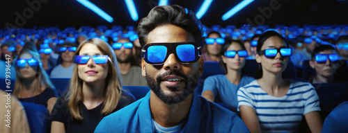 Brainwash concept of an audience watching TV. Wide shot of people wearing identical glasses watch a movie in a cinema. Crowd with the same emotions.