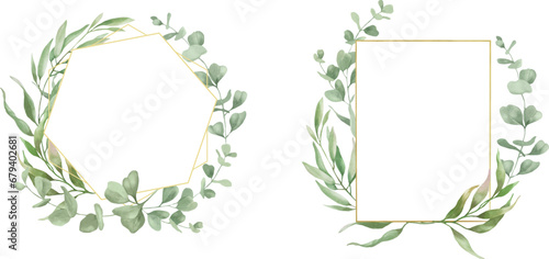 Watercolor set of floral frames with eucalyptus leaves, branches. Hand drawn illustration isolated on background. Vector EPS.